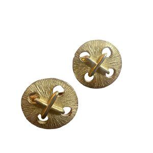 Trifari Vintage Gold Tone Clip On Earrings Button Cross Stitch Sand Dollar Textu